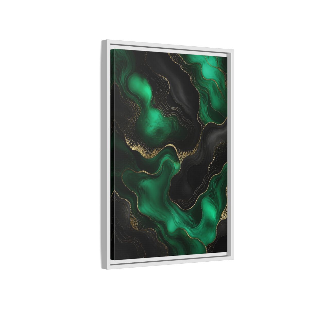 Side Mockup 1. Abstract Fluid Art Green And Gold shown as stretched canvas wall art