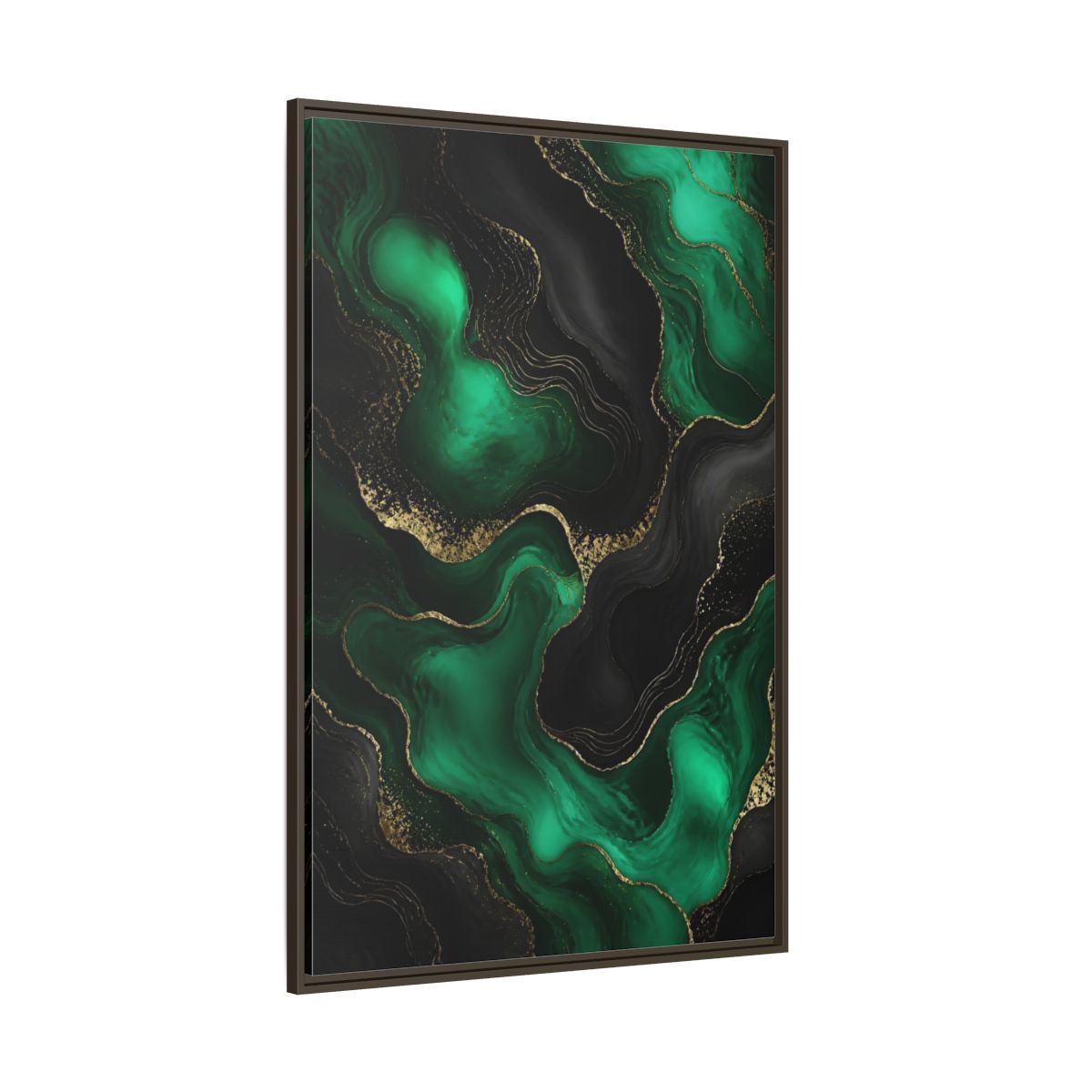 Side Mockup 8. Abstract Fluid Art Green And Gold shown as stretched canvas wall art