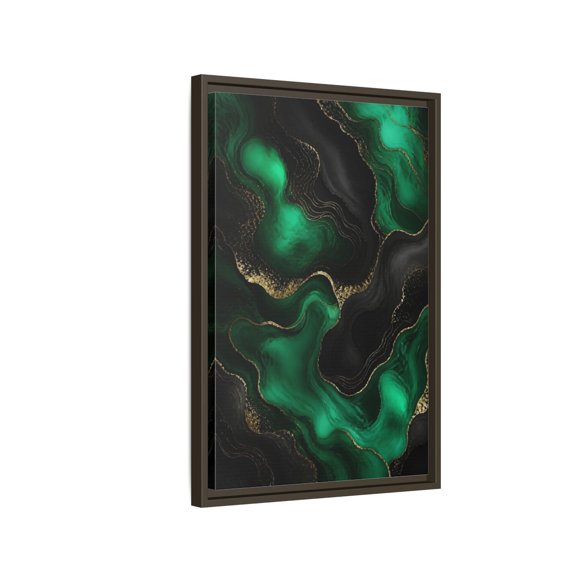 Side Mockup 2. Abstract Fluid Art Green And Gold shown as stretched canvas wall art