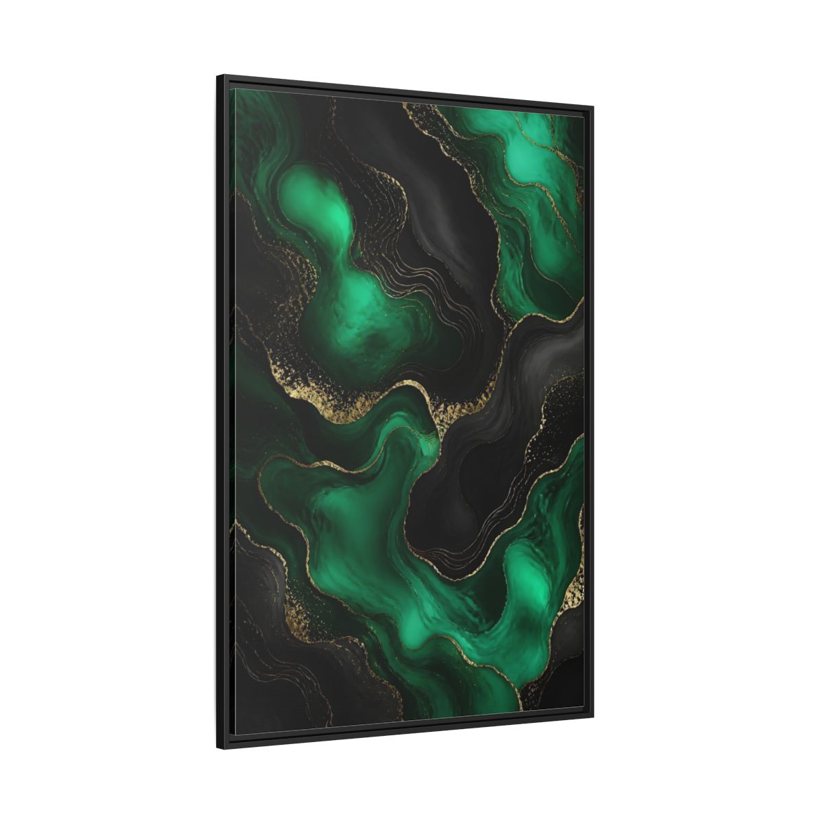 Side Mockup 12. Abstract Fluid Art Green And Gold shown as stretched canvas wall art