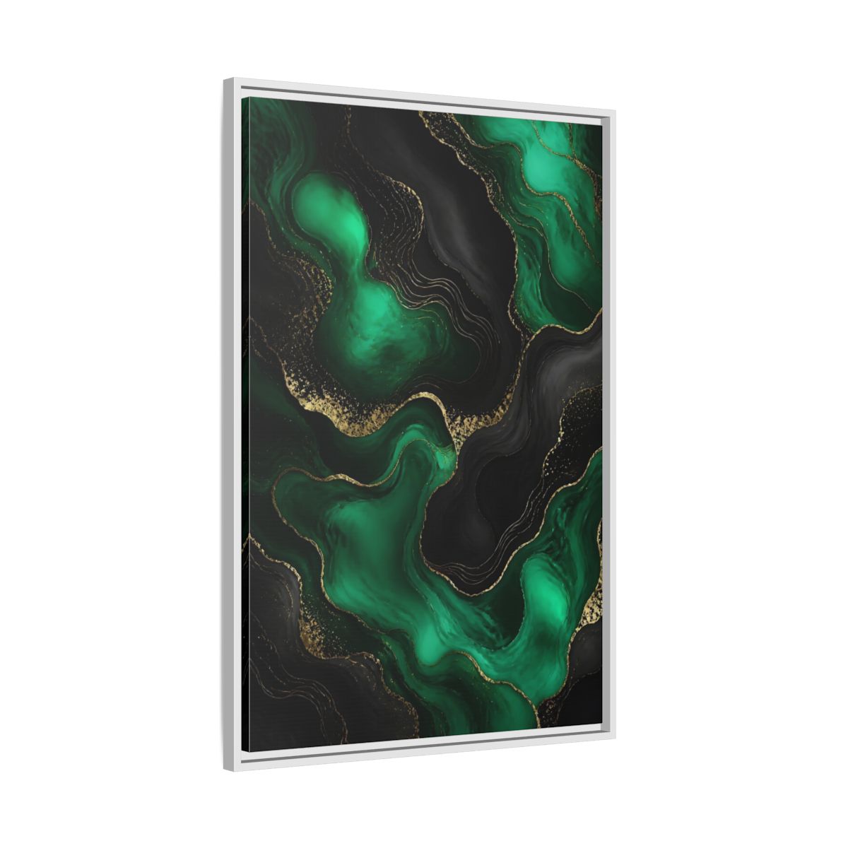 Side Mockup 9. Abstract Fluid Art Green And Gold shown as stretched canvas wall art