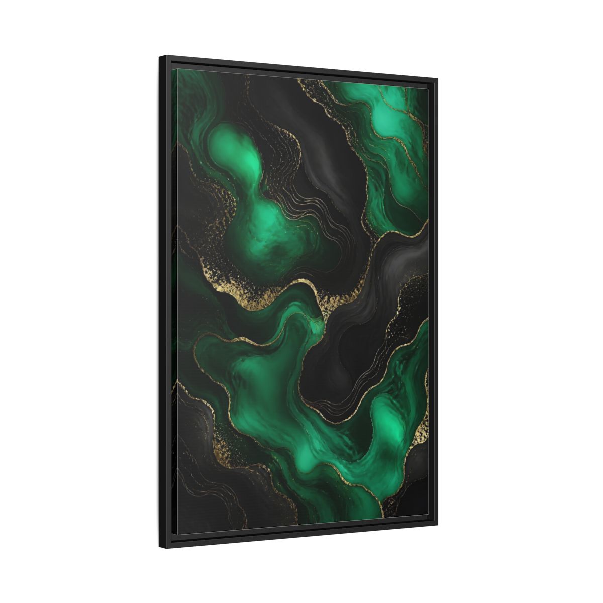 Side Mockup 13. Abstract Fluid Art Green And Gold shown as stretched canvas wall art