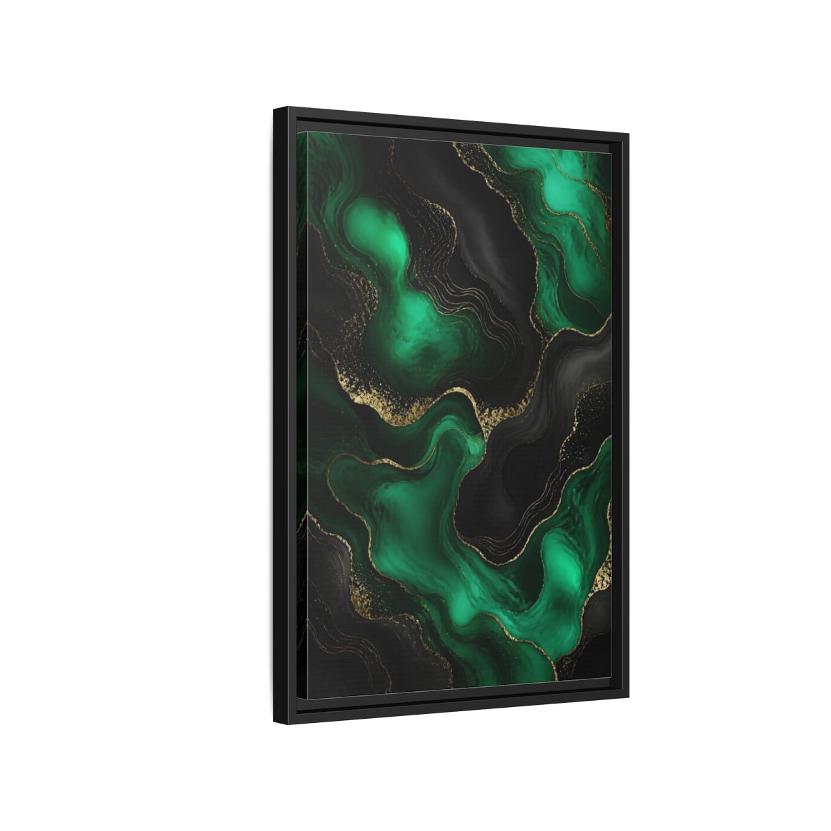Side Mockup 3. Abstract Fluid Art Green And Gold shown as stretched canvas wall art