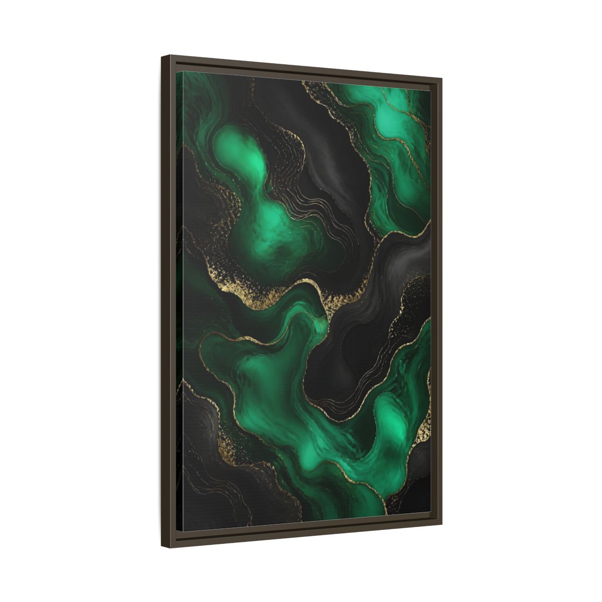Side Mockup 11. Abstract Fluid Art Green And Gold shown as stretched canvas wall art