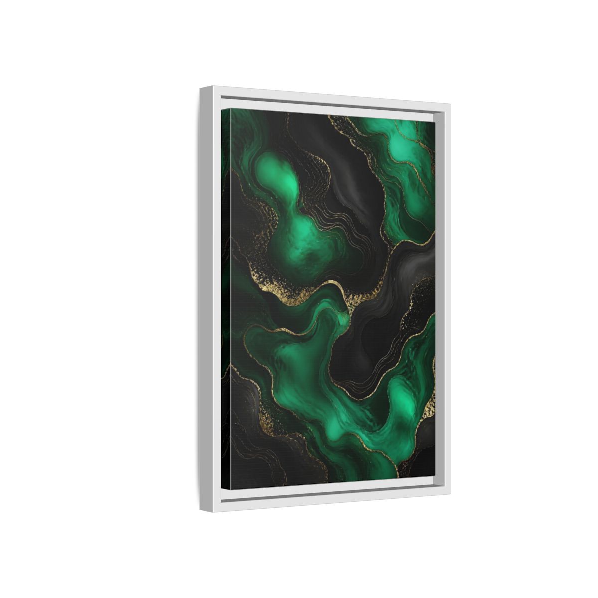 Side Mockup 4. Abstract Fluid Art Green And Gold shown as stretched canvas wall art