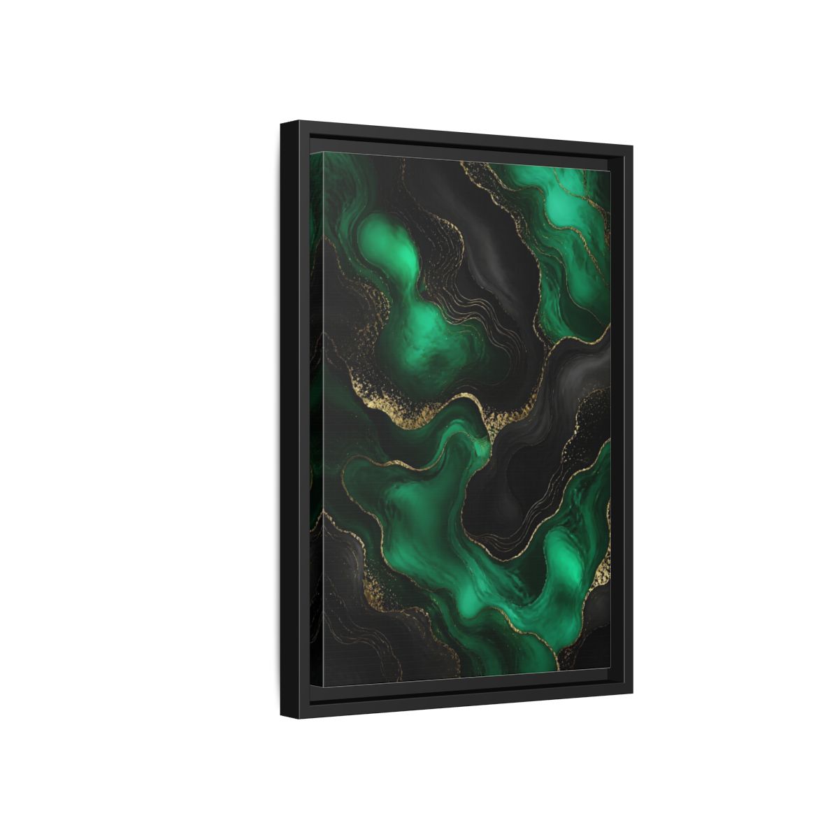 Side Mockup 6. Abstract Fluid Art Green And Gold shown as stretched canvas wall art