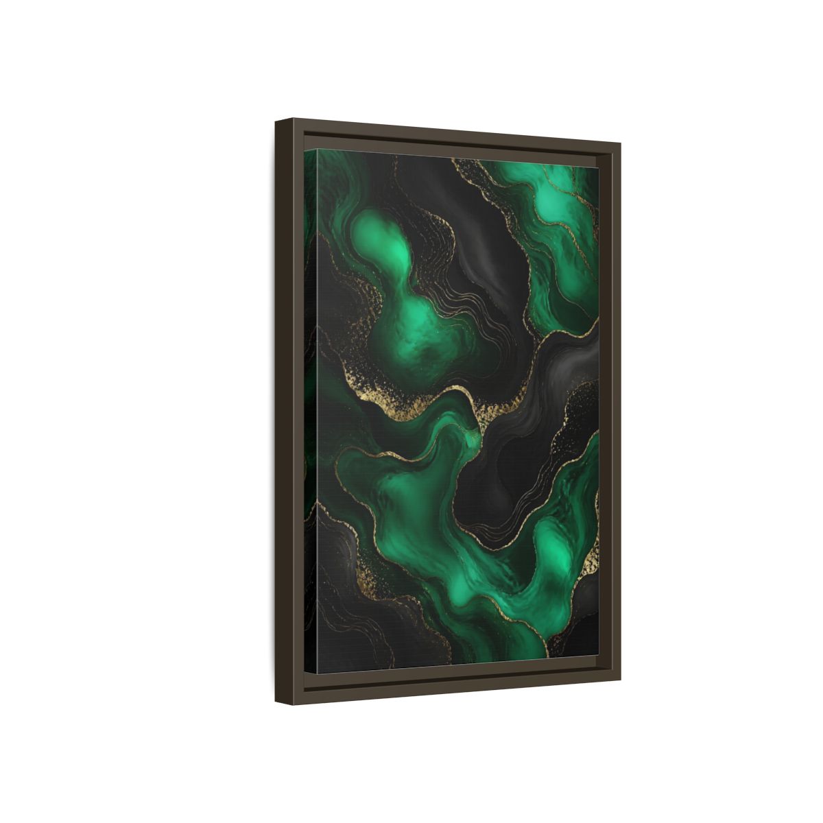 Side Mockup 5. Abstract Fluid Art Green And Gold shown as stretched canvas wall art