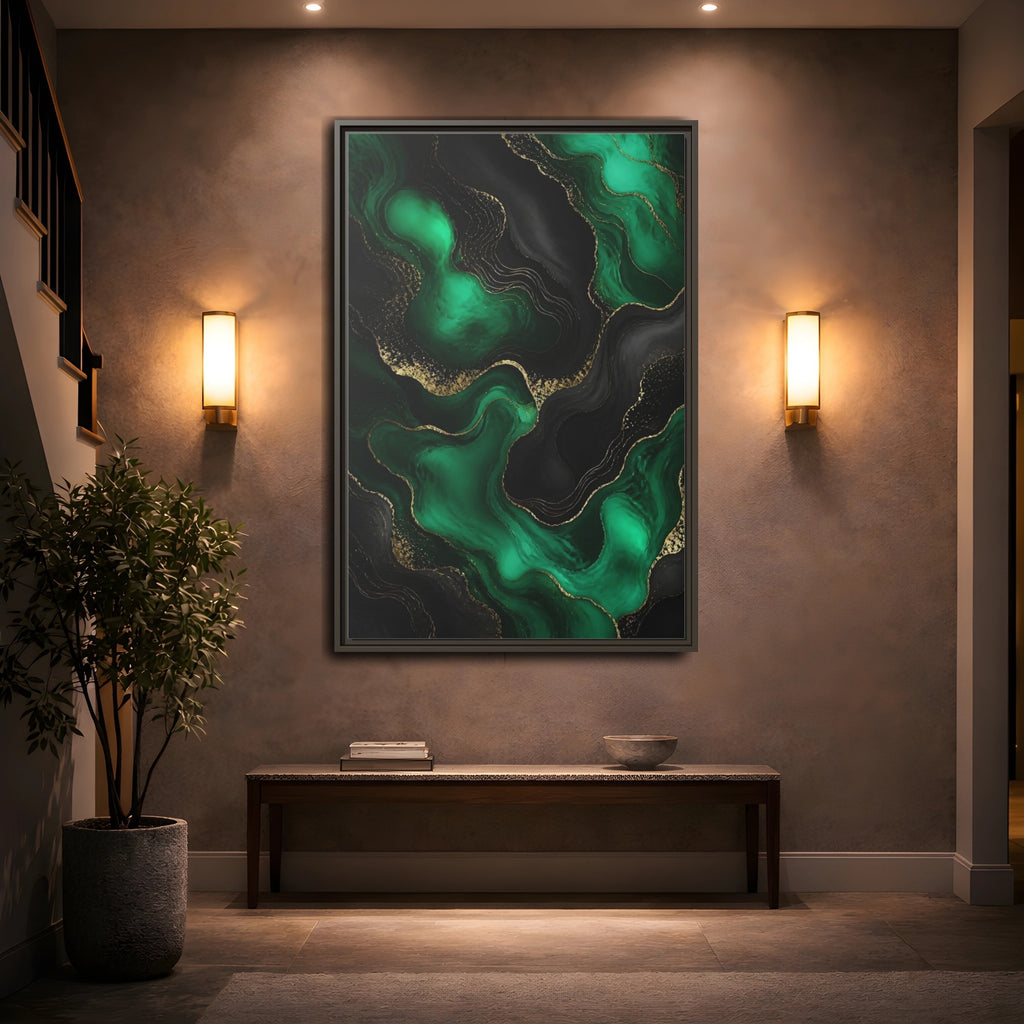Mockup 2. Abstract Fluid Art Green And Gold shown as stretched canvas wall art