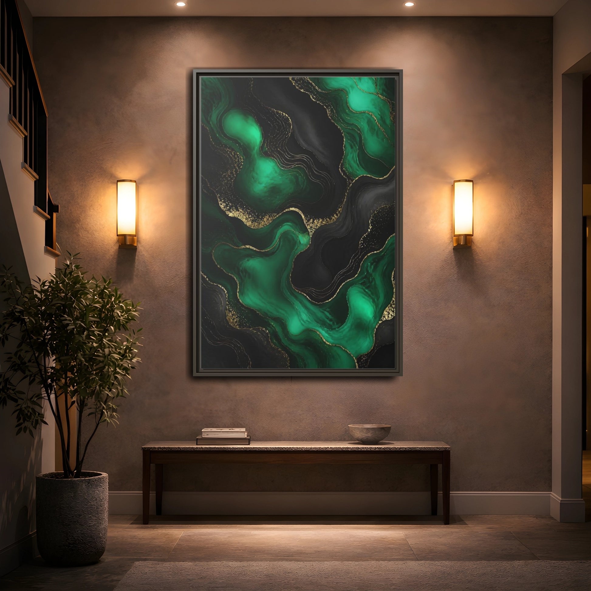 Mockup 2. Abstract Fluid Art Green And Gold shown as stretched canvas wall art