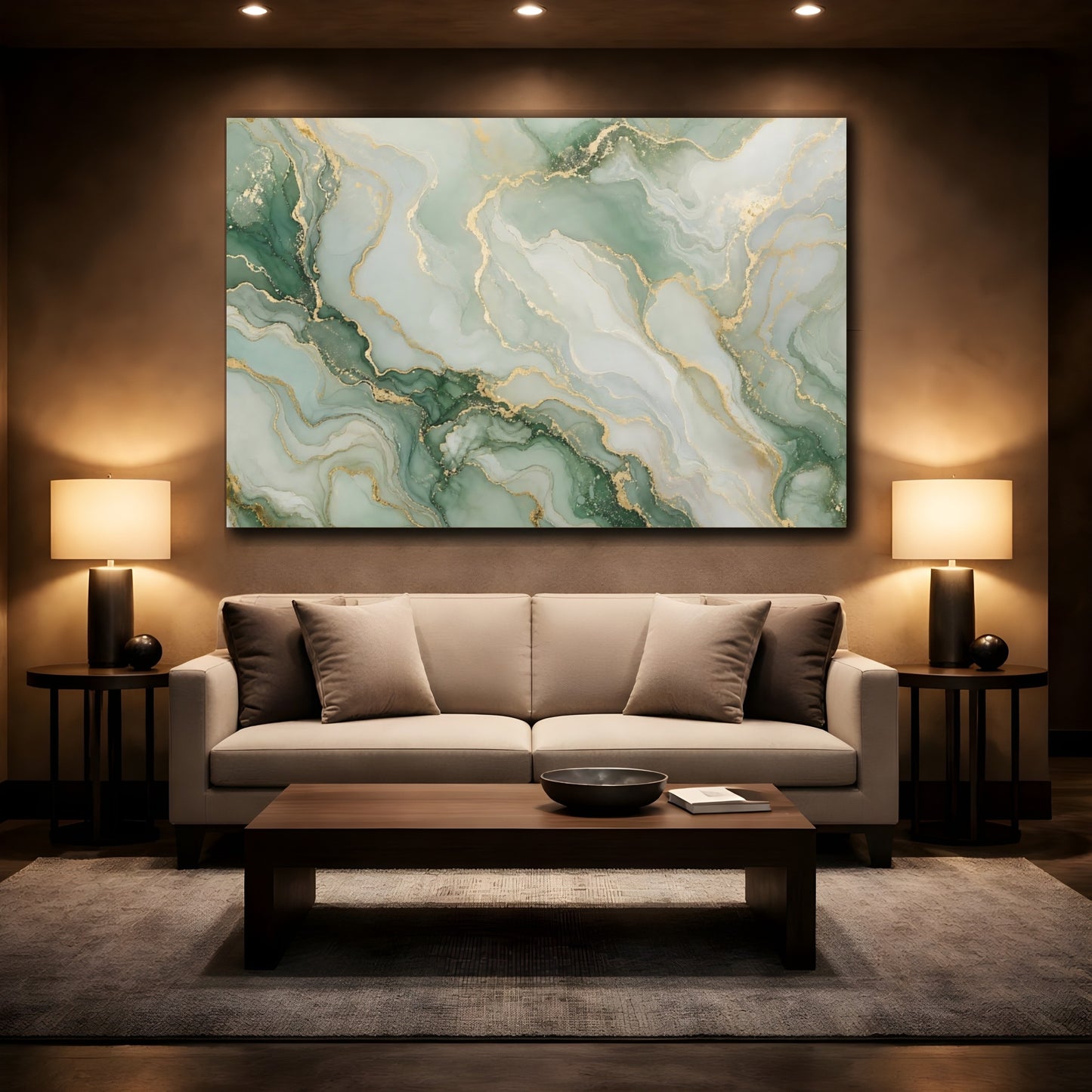 Mockup 2. Abstract Fluid Art Green And Gold shown as stretched canvas wall art