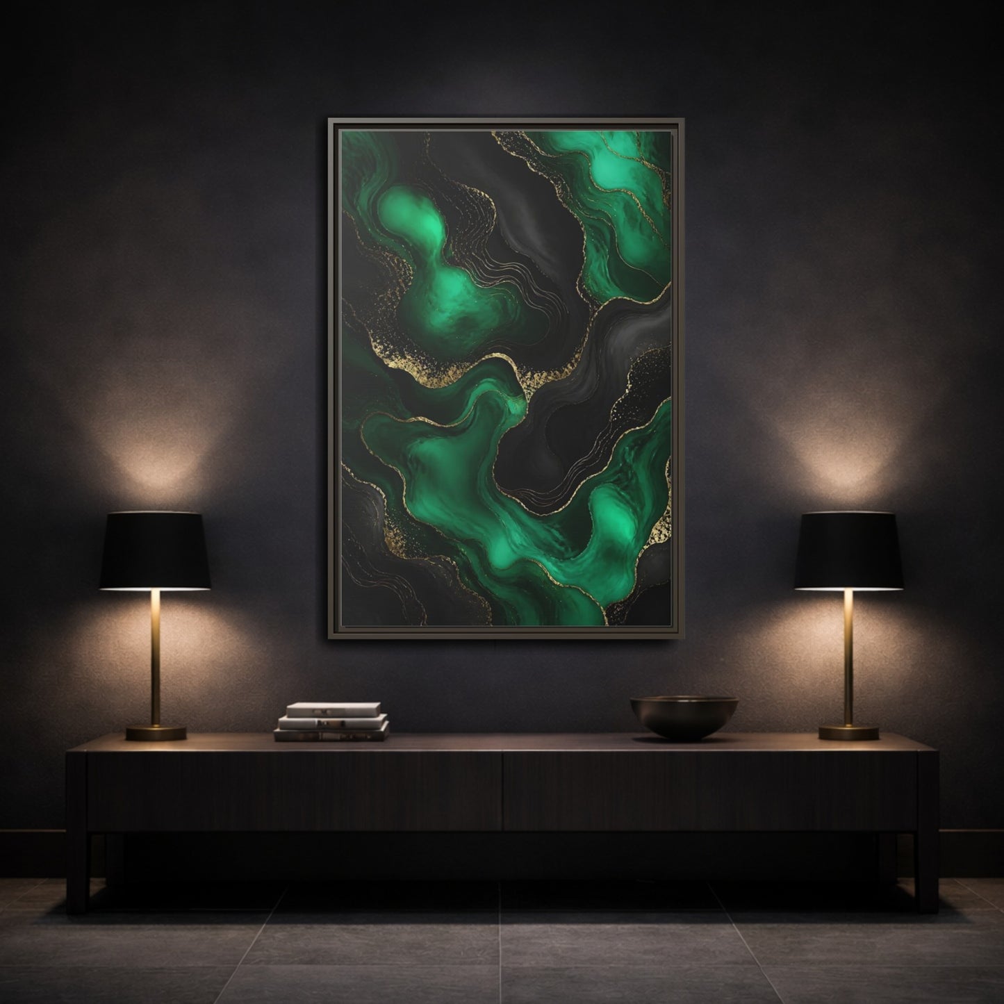 Mockup 3. Abstract Fluid Art Green And Gold shown as stretched canvas wall art