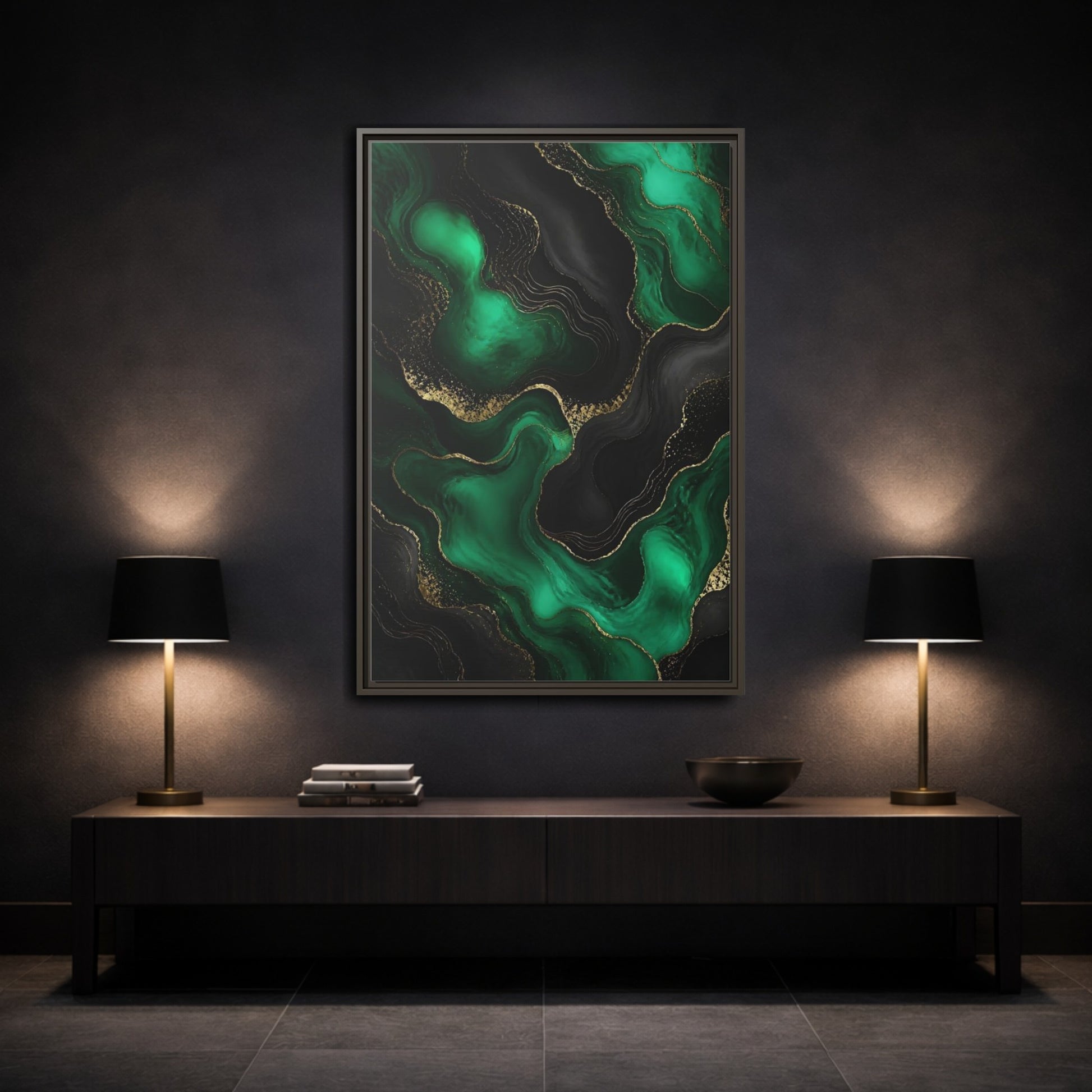 Mockup 3. Abstract Fluid Art Green And Gold shown as stretched canvas wall art