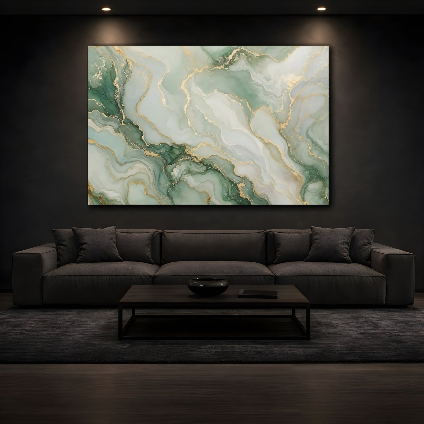 Mockup 3. Abstract Fluid Art Green And Gold shown as stretched canvas wall art