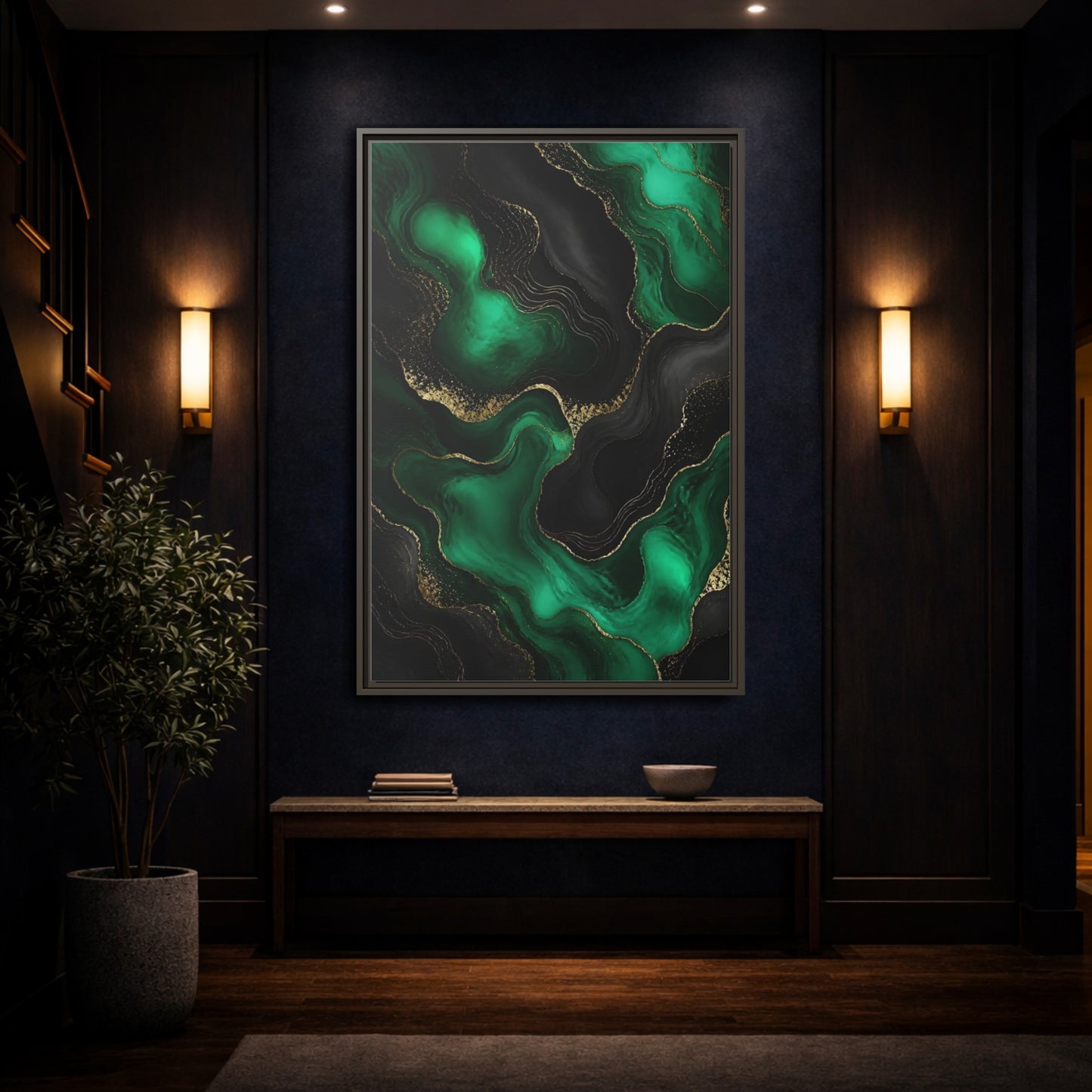Mockup 4. Abstract Fluid Art Green And Gold shown as stretched canvas wall art