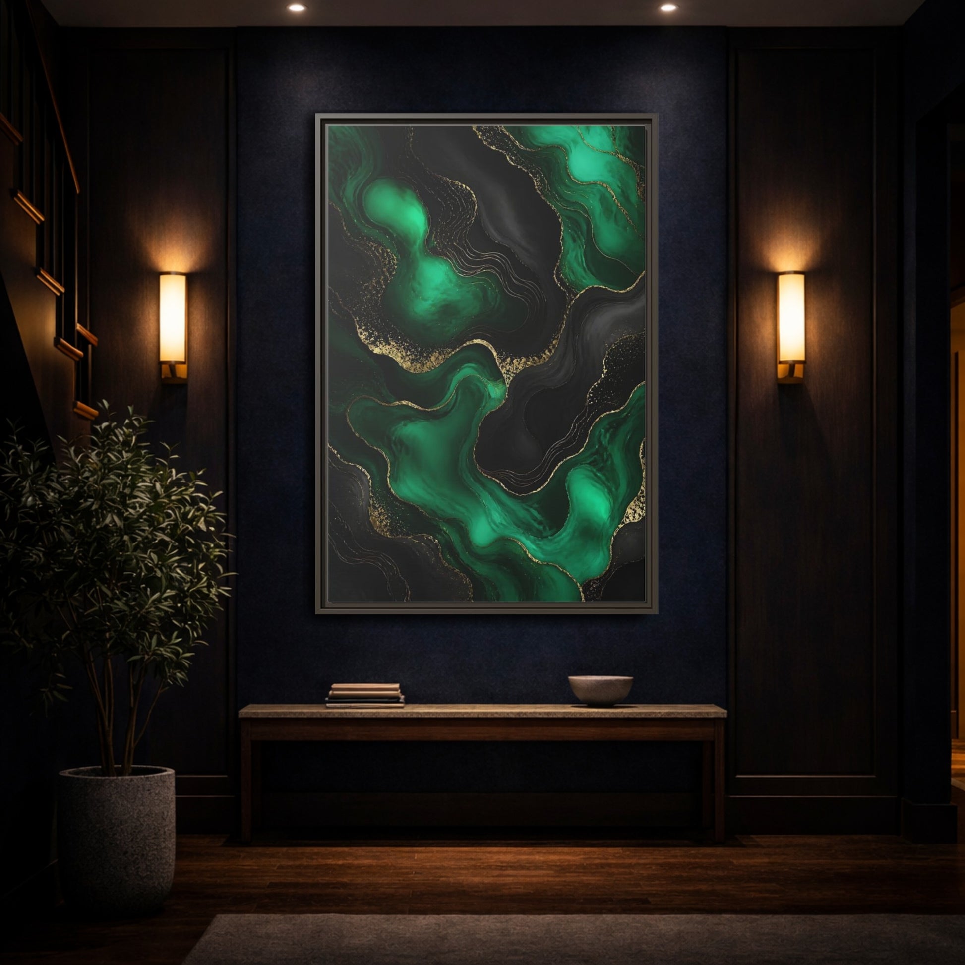Mockup 4. Abstract Fluid Art Green And Gold shown as stretched canvas wall art