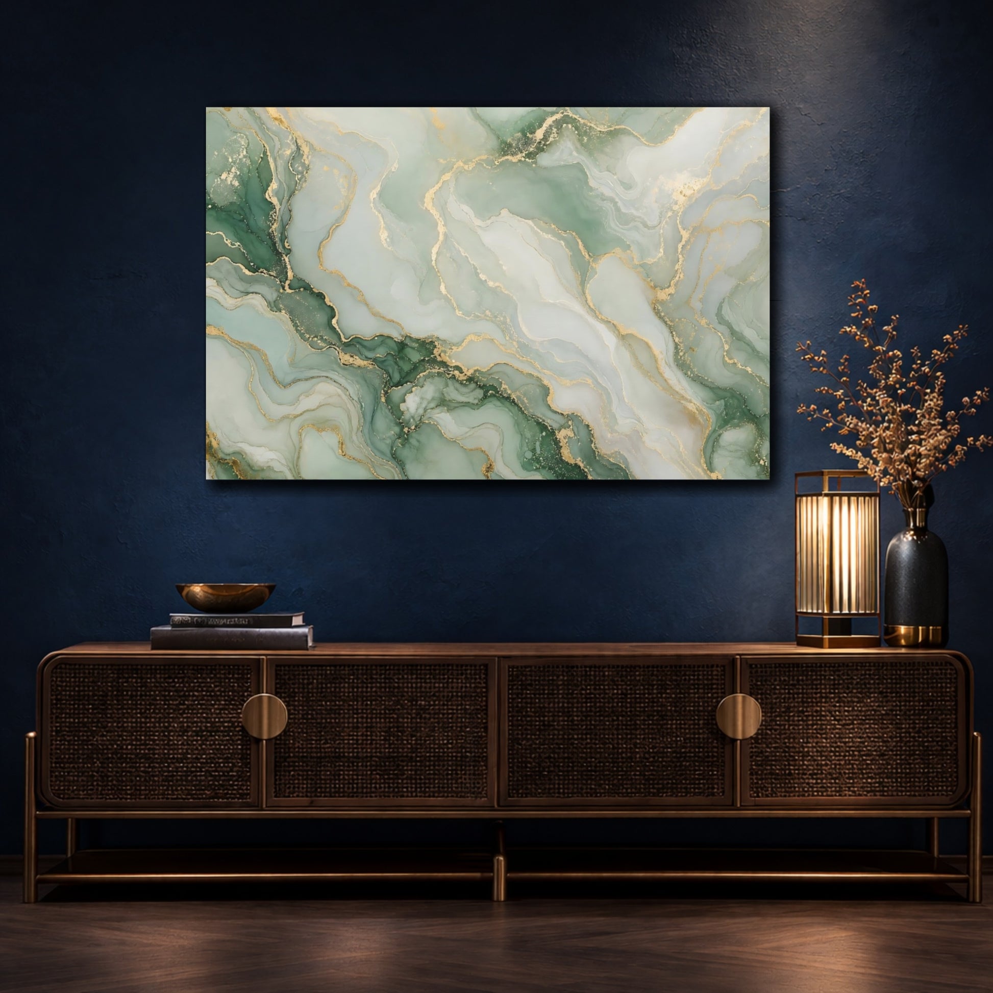Mockup 4. Abstract Fluid Art Green And Gold shown as stretched canvas wall art
