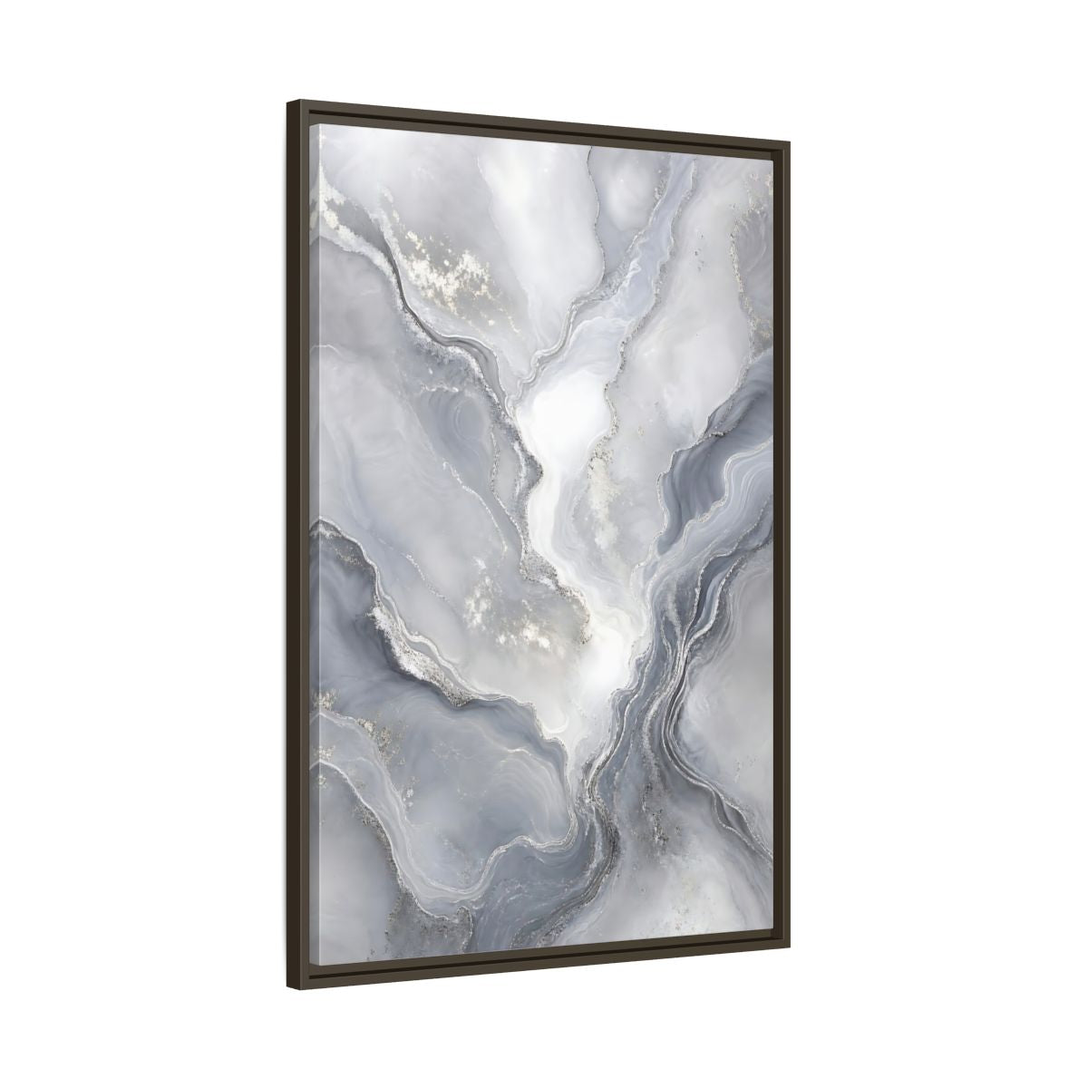 Main Mockup. Abstract Fluid Art Grey And Silver shown as stretched canvas wall art
