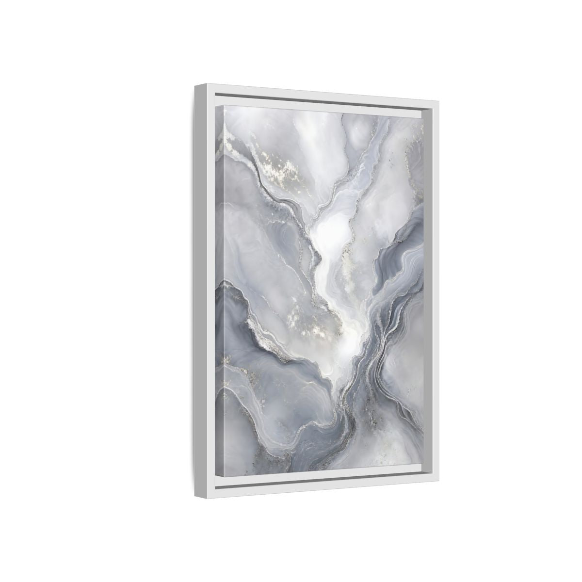 Side Mockup 4. Abstract Fluid Art Grey And Silver shown as stretched canvas wall art