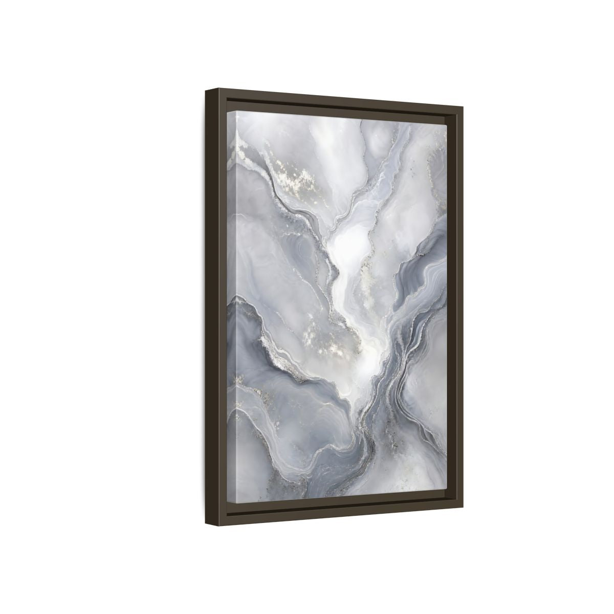 Side Mockup 5. Abstract Fluid Art Grey And Silver shown as stretched canvas wall art