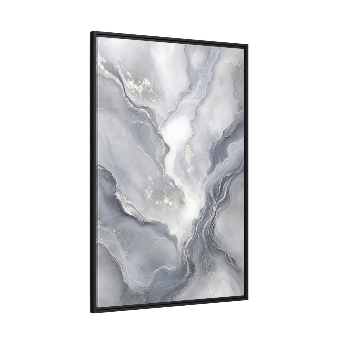 Side Mockup 12. Abstract Fluid Art Grey And Silver shown as stretched canvas wall art