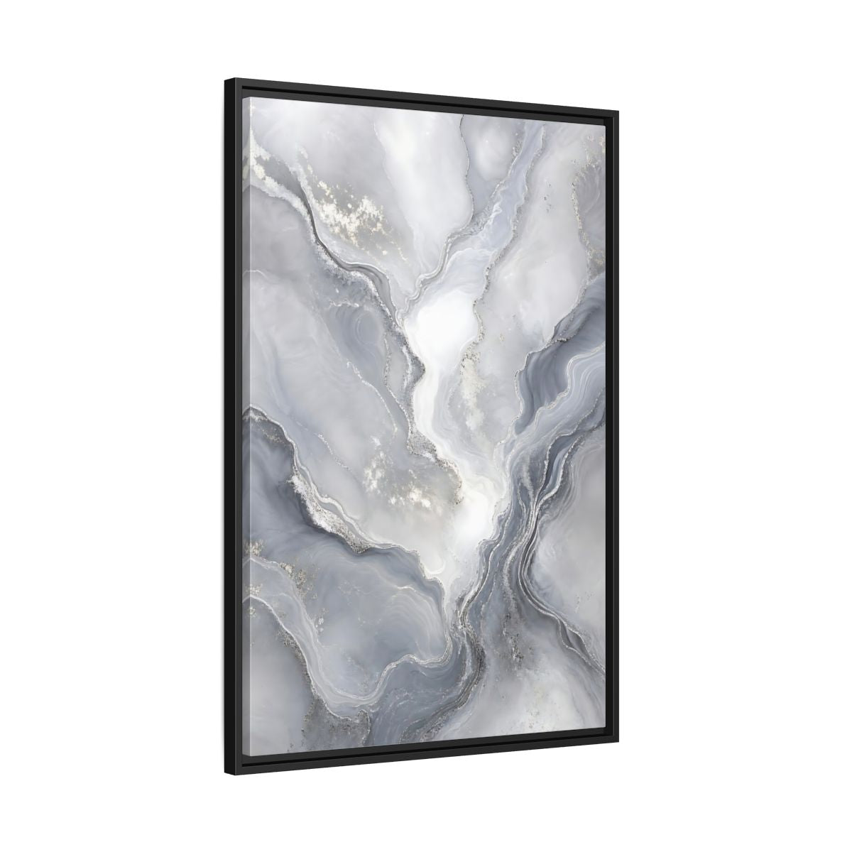 Side Mockup 13. Abstract Fluid Art Grey And Silver shown as stretched canvas wall art