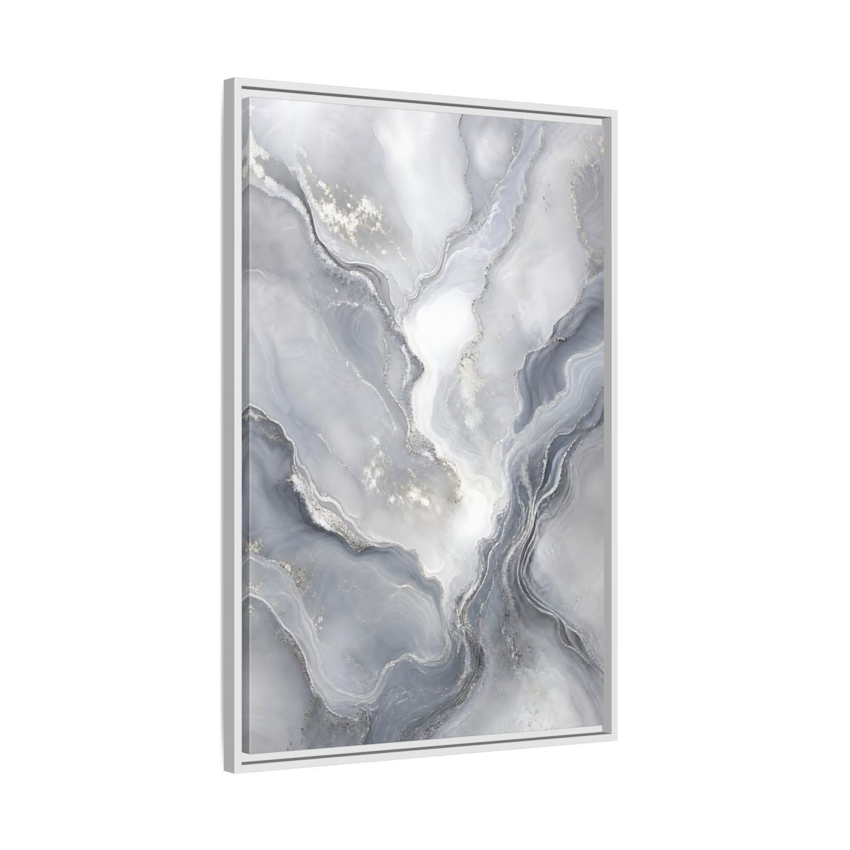 Side Mockup 9. Abstract Fluid Art Grey And Silver shown as stretched canvas wall art