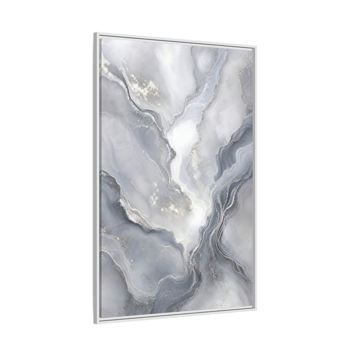 Side Mockup 7. Abstract Fluid Art Grey And Silver shown as stretched canvas wall art
