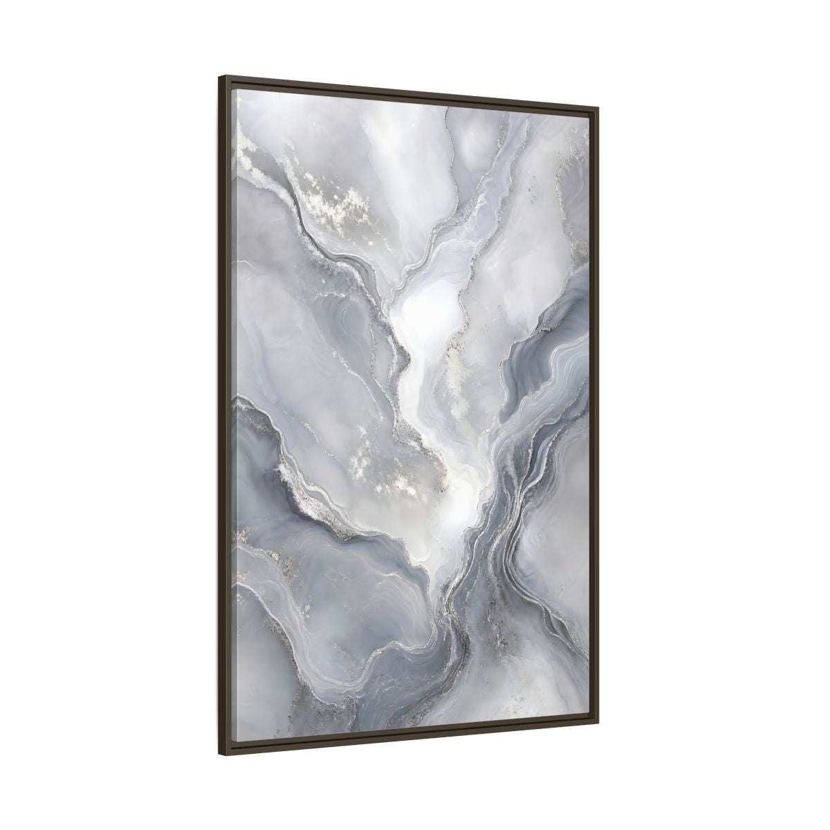 Side Mockup 8. Abstract Fluid Art Grey And Silver shown as stretched canvas wall art