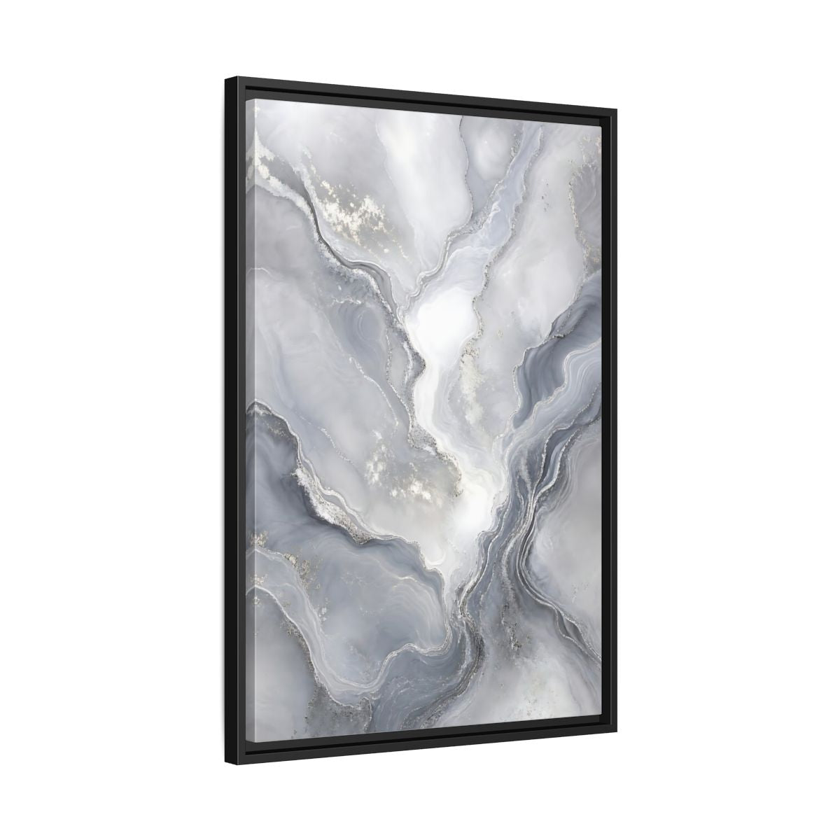 Side Mockup 14. Abstract Fluid Art Grey And Silver shown as stretched canvas wall art