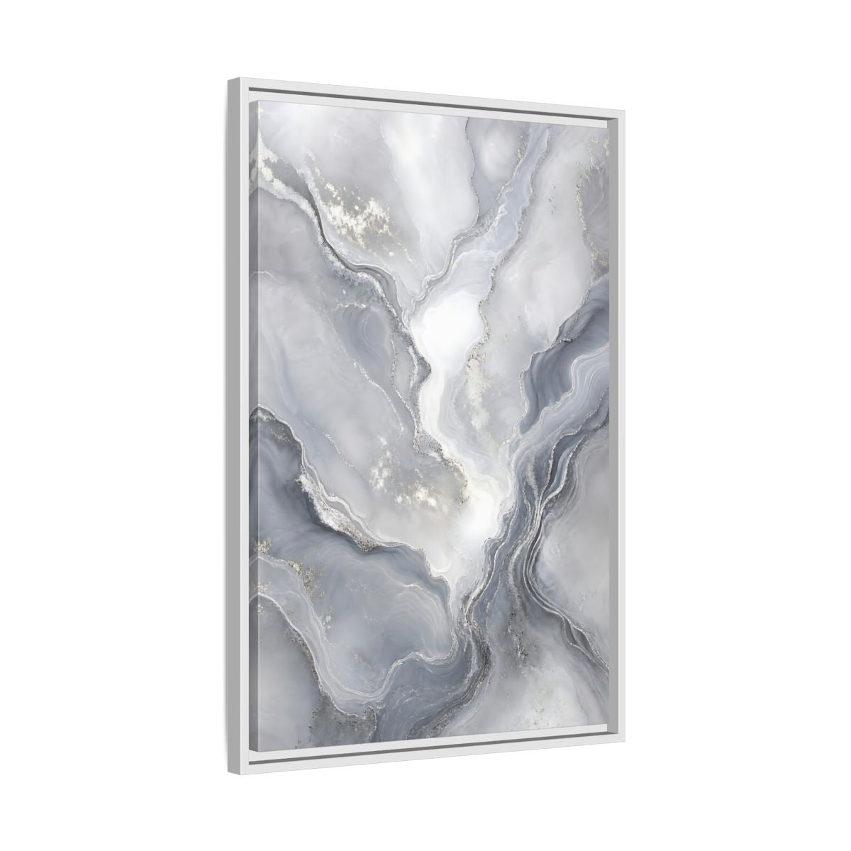 Side Mockup 10. Abstract Fluid Art Grey And Silver shown as stretched canvas wall art