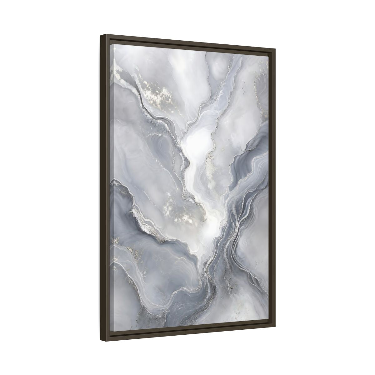 Side Mockup 11. Abstract Fluid Art Grey And Silver shown as stretched canvas wall art