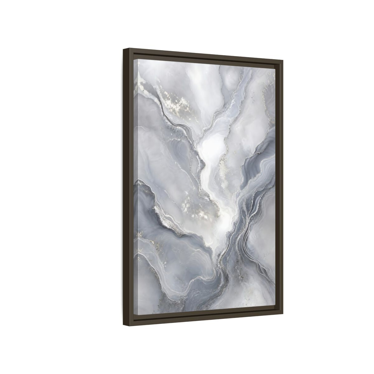 Side Mockup 2. Abstract Fluid Art Grey And Silver shown as stretched canvas wall art