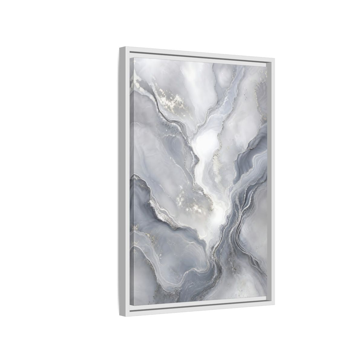 Side Mockup 1. Abstract Fluid Art Grey And Silver shown as stretched canvas wall art