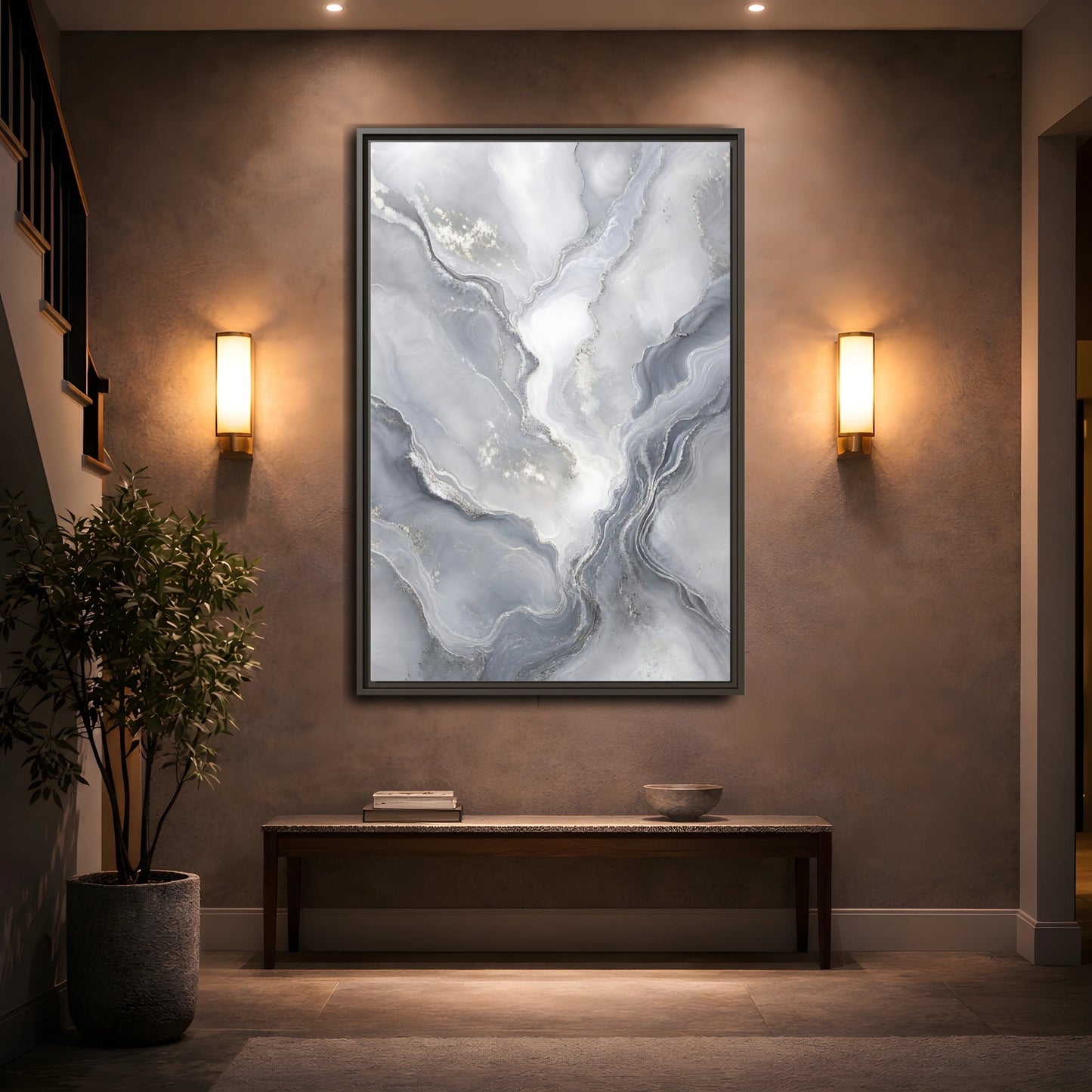 Mockup 2. Abstract Fluid Art Grey And Silver shown as stretched canvas wall art