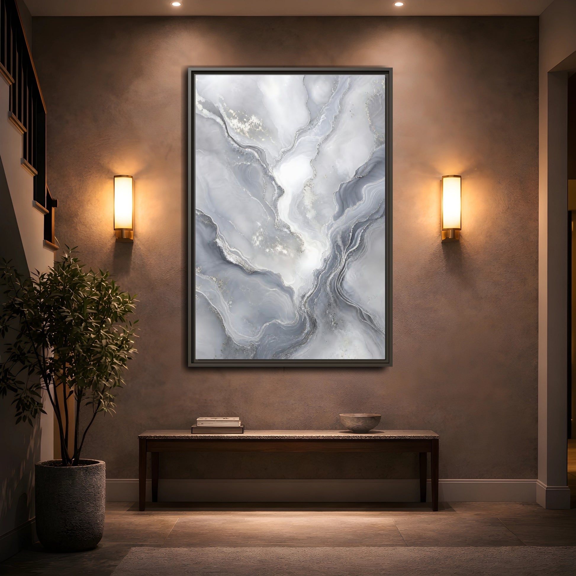 Mockup 2. Abstract Fluid Art Grey And Silver shown as stretched canvas wall art