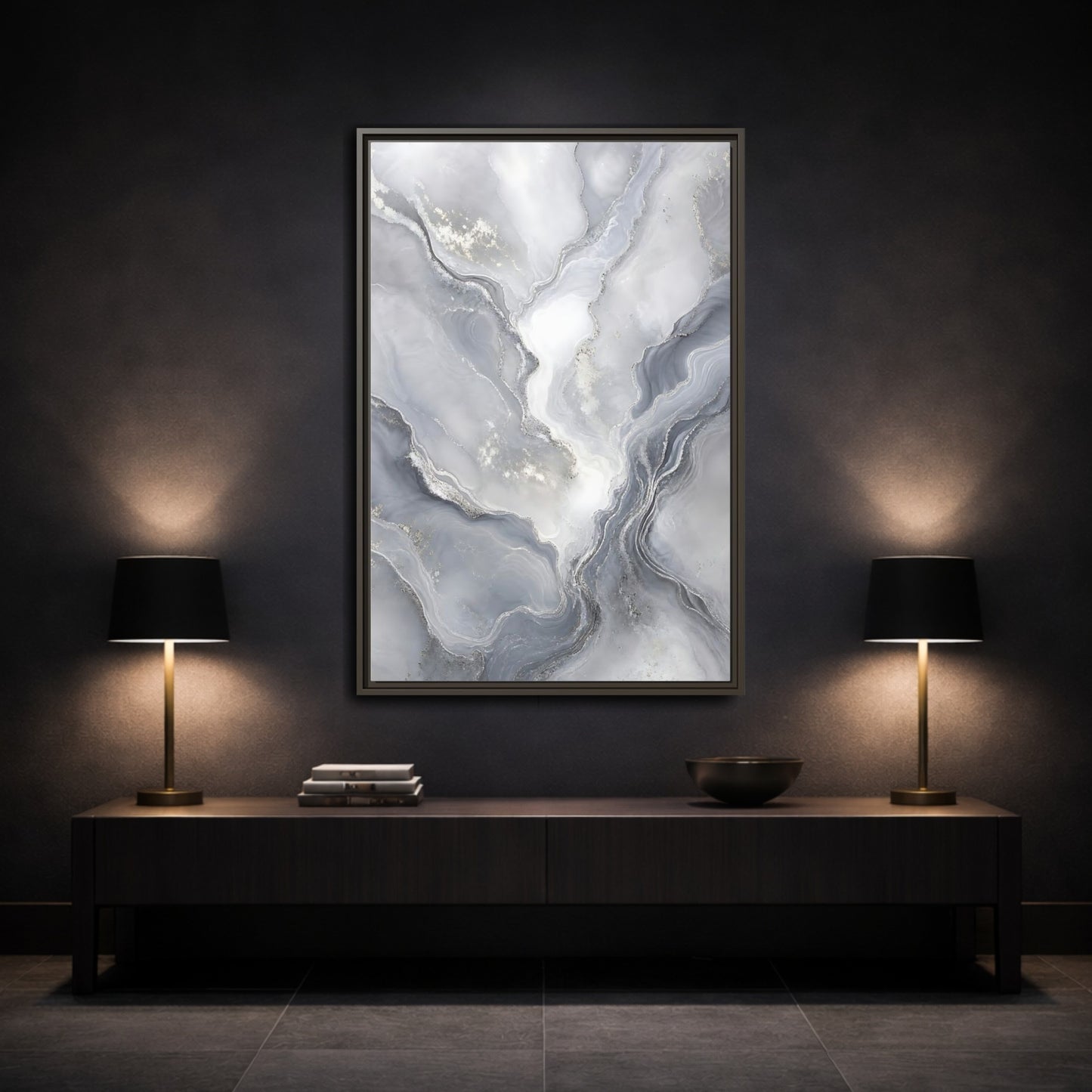 Mockup 3. Abstract Fluid Art Grey And Silver shown as stretched canvas wall art