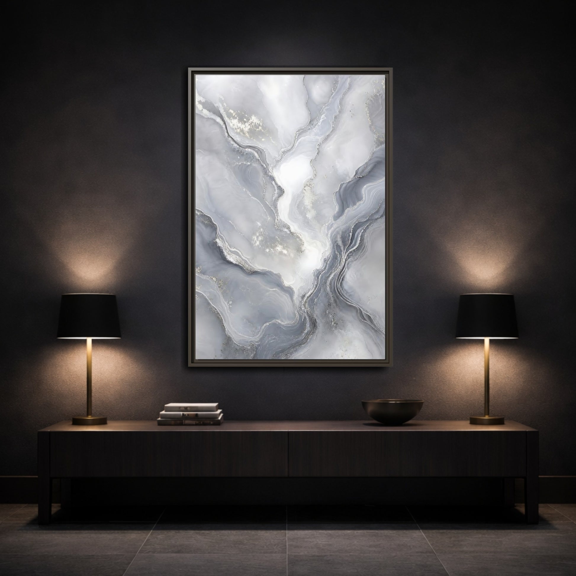 Mockup 3. Abstract Fluid Art Grey And Silver shown as stretched canvas wall art