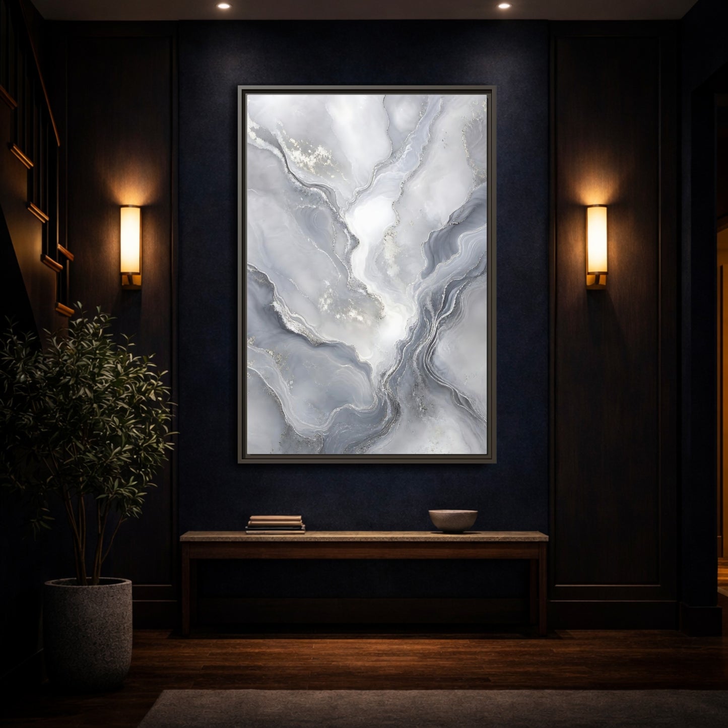 Mockup 4. Abstract Fluid Art Grey And Silver shown as stretched canvas wall art