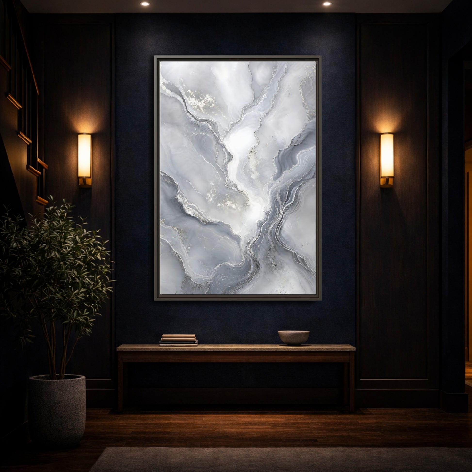 Mockup 4. Abstract Fluid Art Grey And Silver shown as stretched canvas wall art