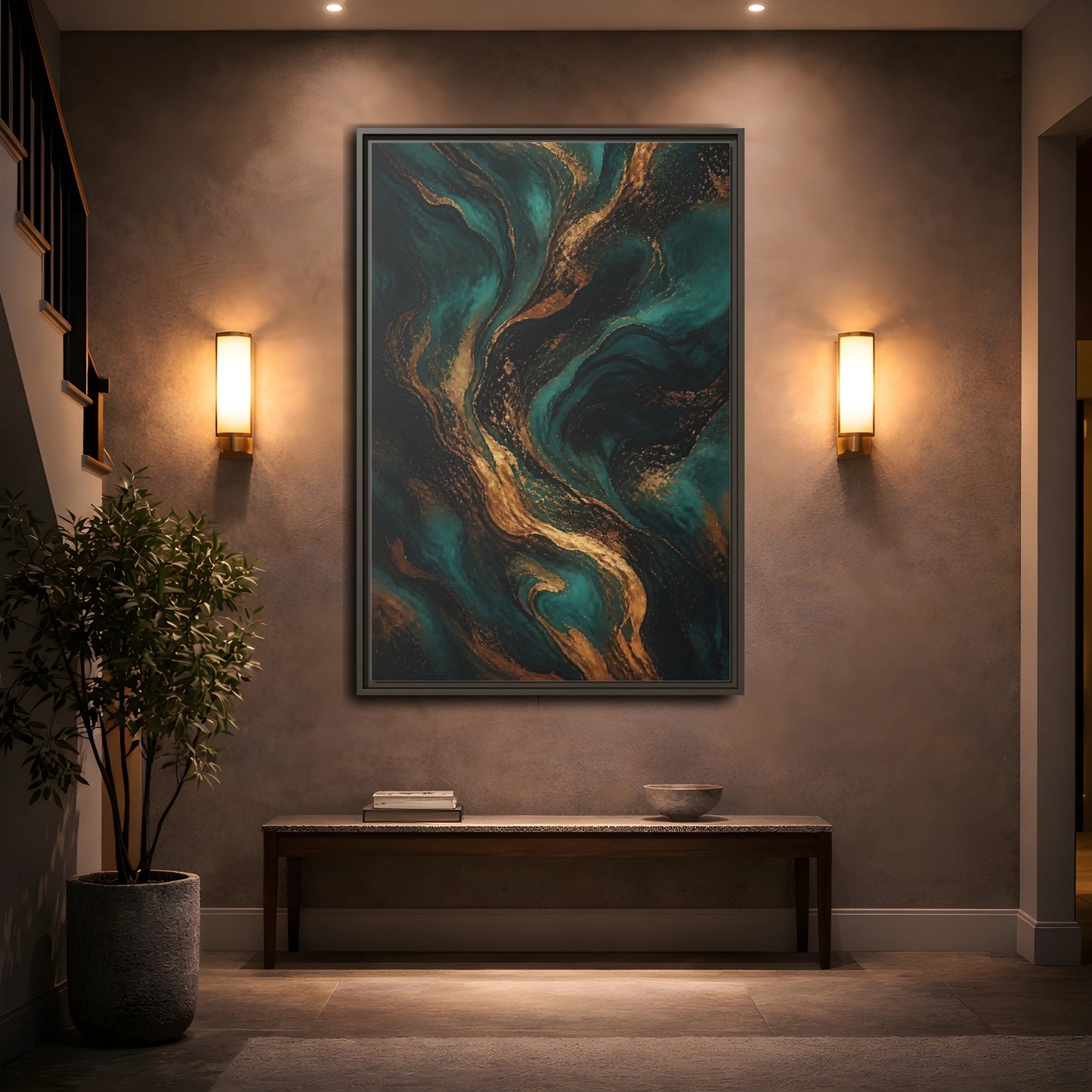 Mockup 2. Abstract Fluid Art Teal Gold Abstract shown as stretched canvas wall art