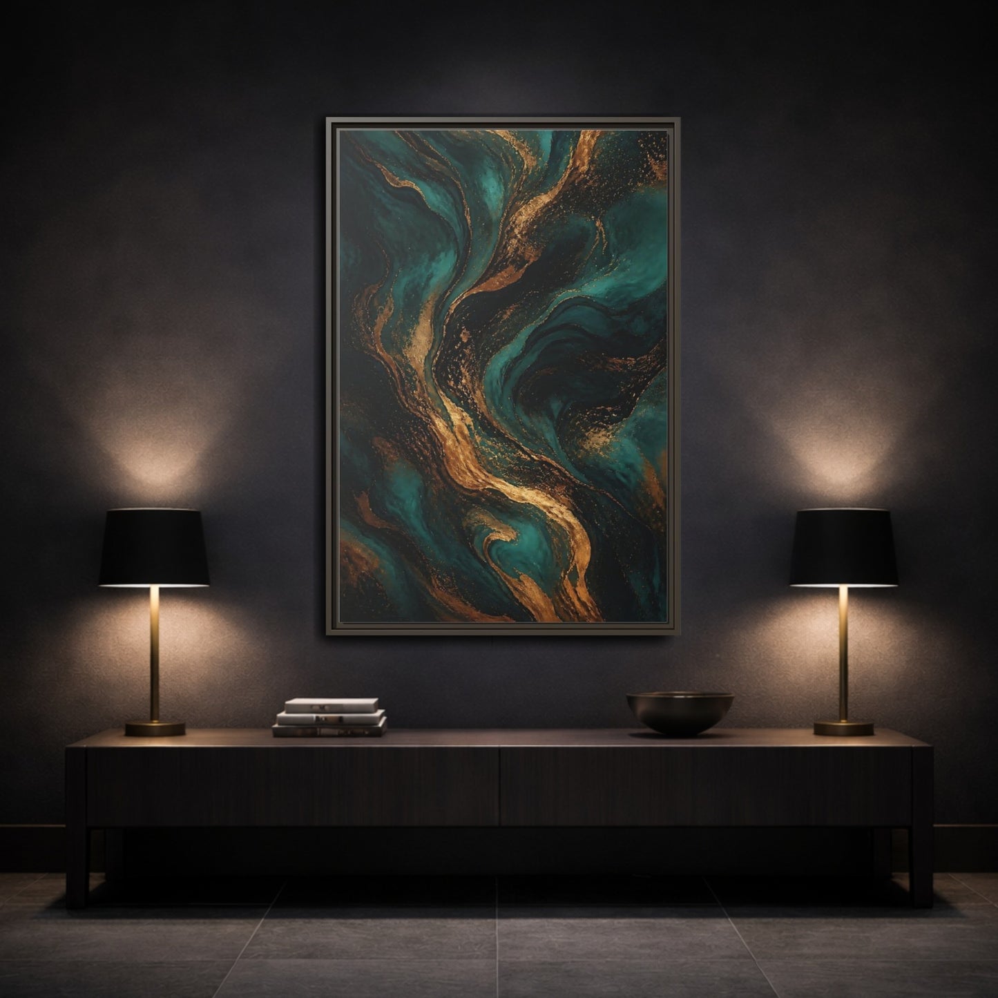 Mockup 3. Abstract Fluid Art Teal Gold Abstract shown as stretched canvas wall art