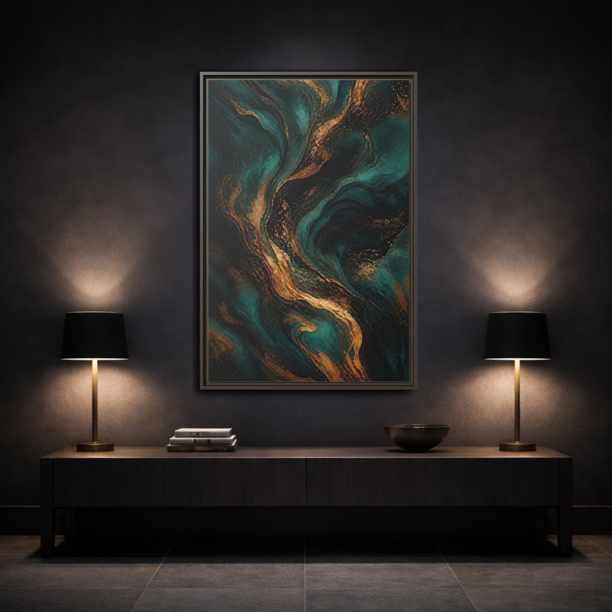 Mockup 3. Abstract Fluid Art Teal Gold Abstract shown as stretched canvas wall art