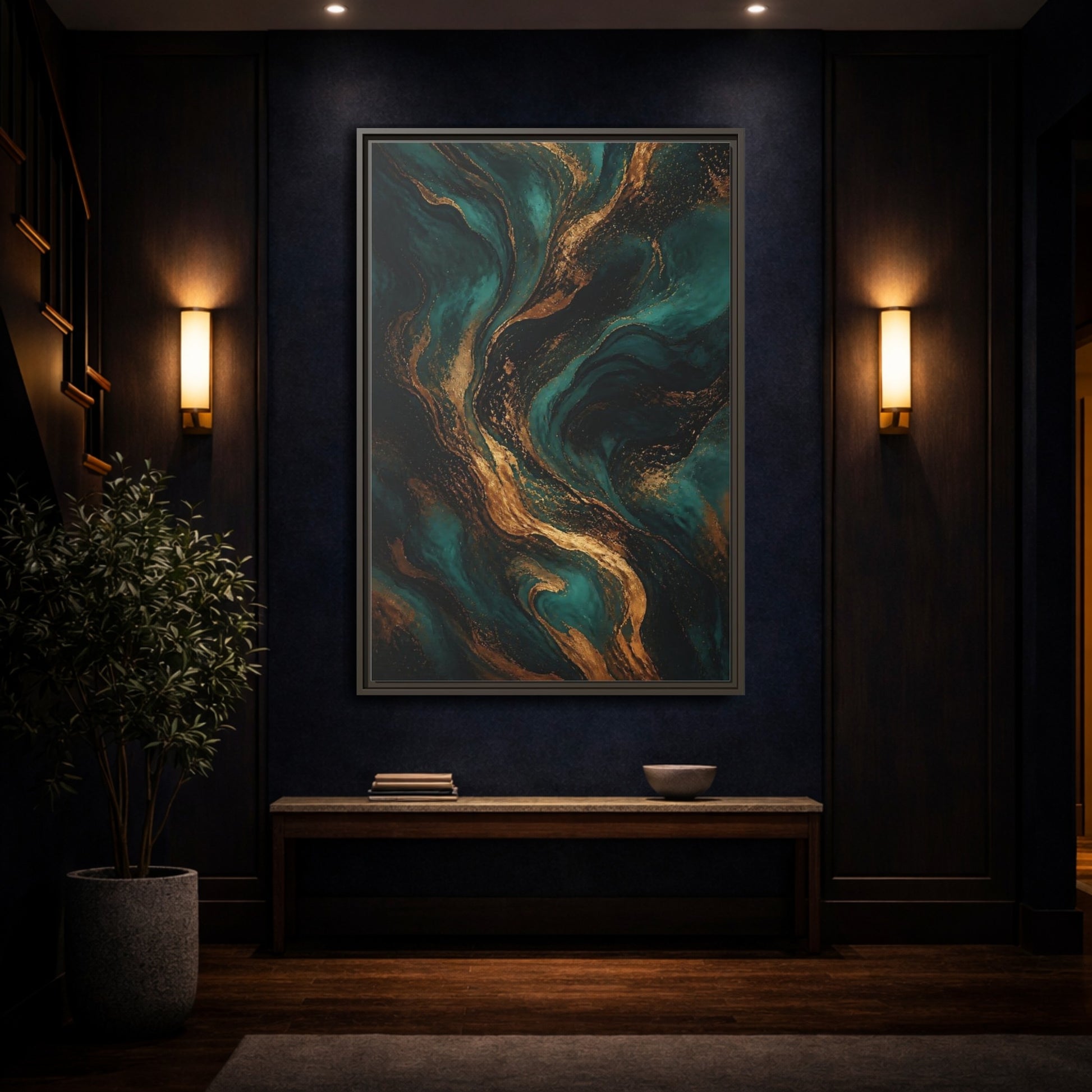 Mockup 4. Abstract Fluid Art Teal Gold Abstract shown as stretched canvas wall art