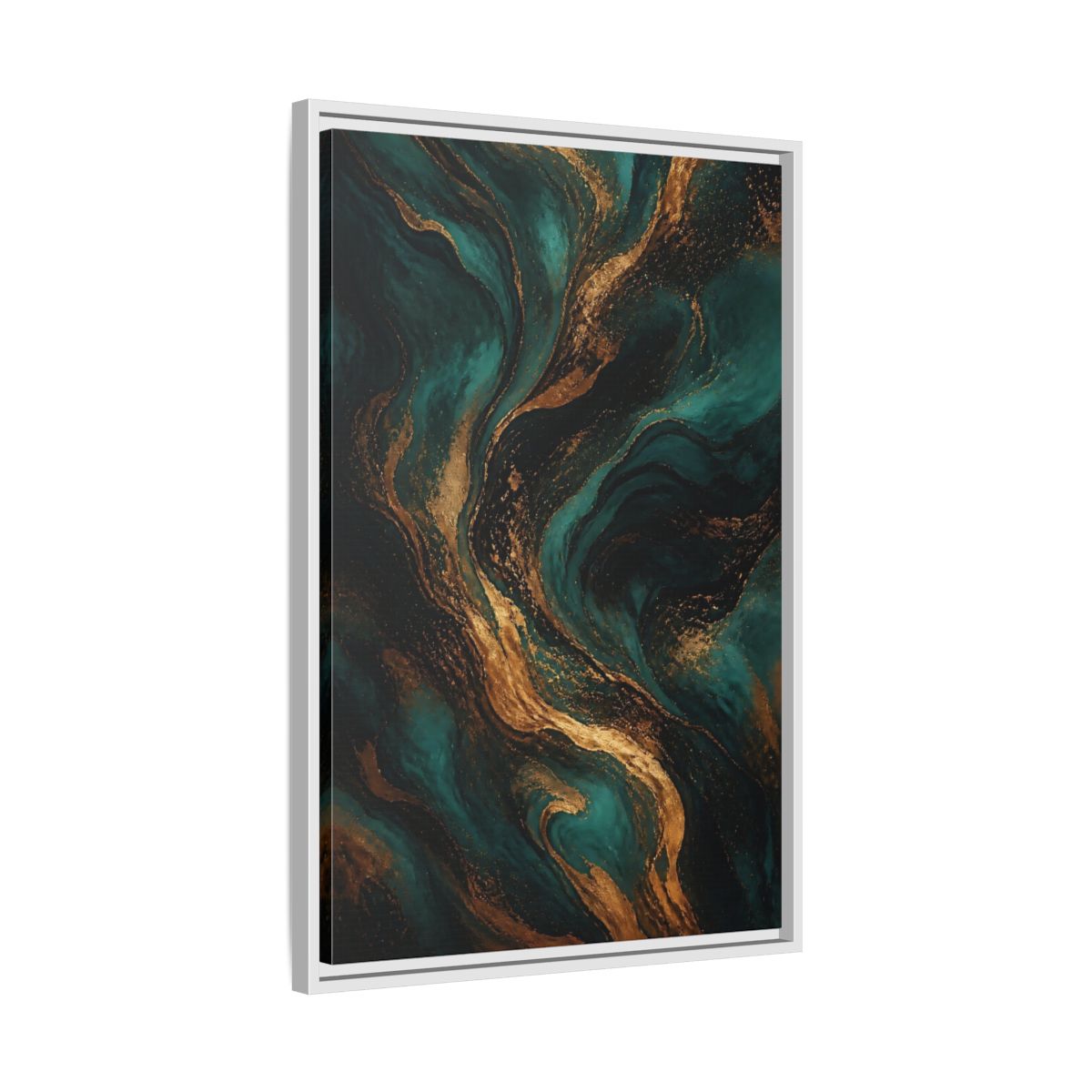 Side Mockup 10. Abstract Fluid Art Teal Gold Abstract shown as stretched canvas wall art