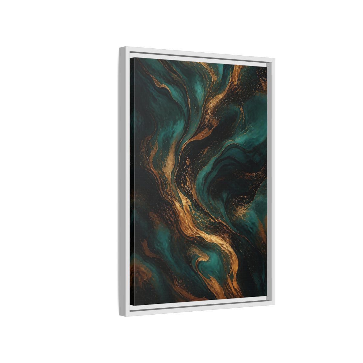 Side Mockup 1. Abstract Fluid Art Teal Gold Abstract shown as stretched canvas wall art