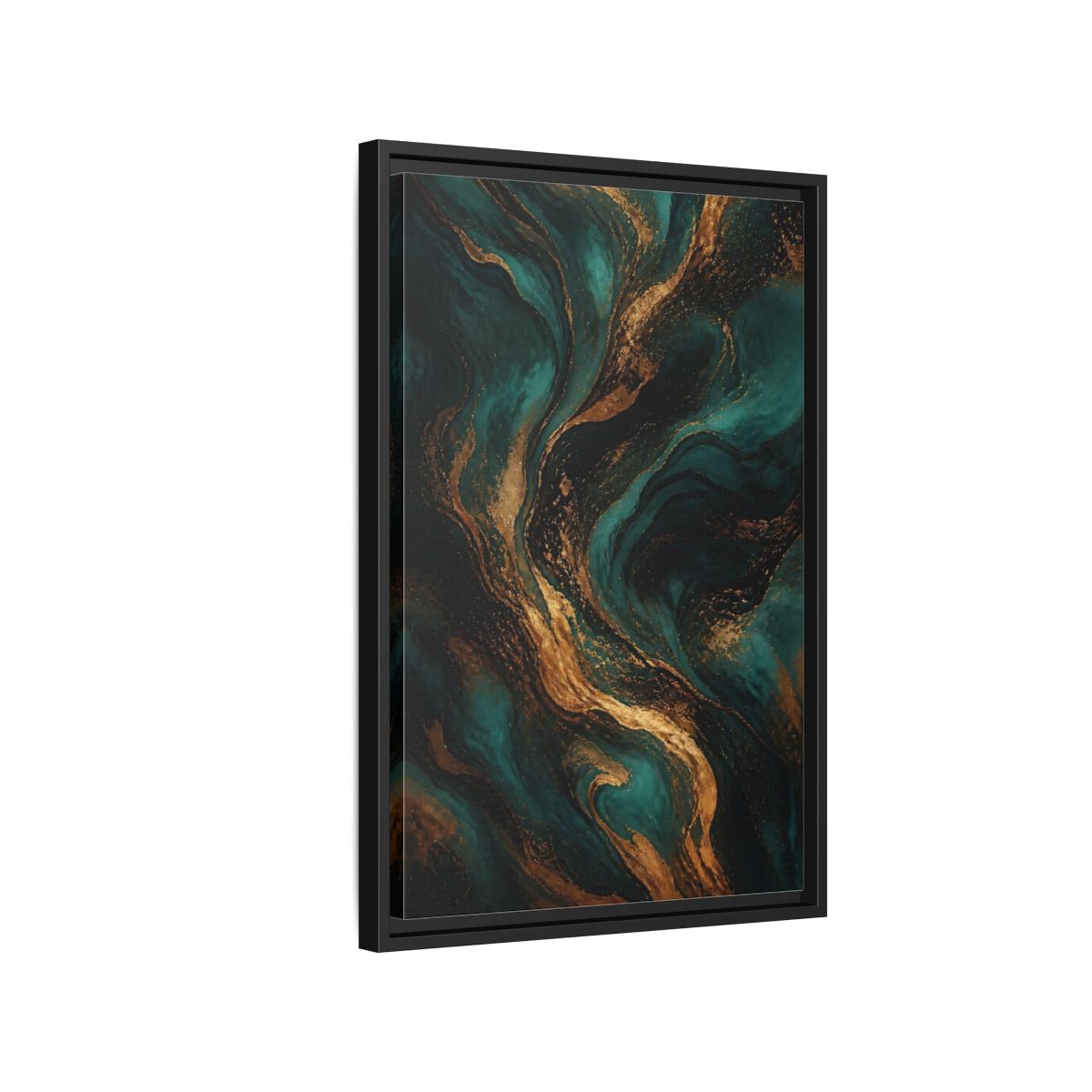 Side Mockup 3. Abstract Fluid Art Teal Gold Abstract shown as stretched canvas wall art