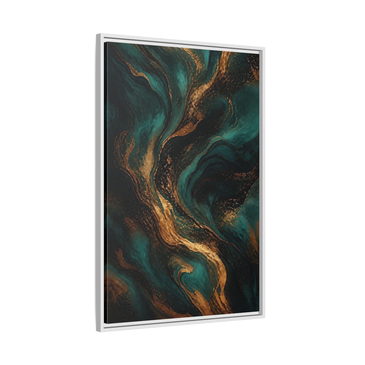 Side Mockup 9. Abstract Fluid Art Teal Gold Abstract shown as stretched canvas wall art