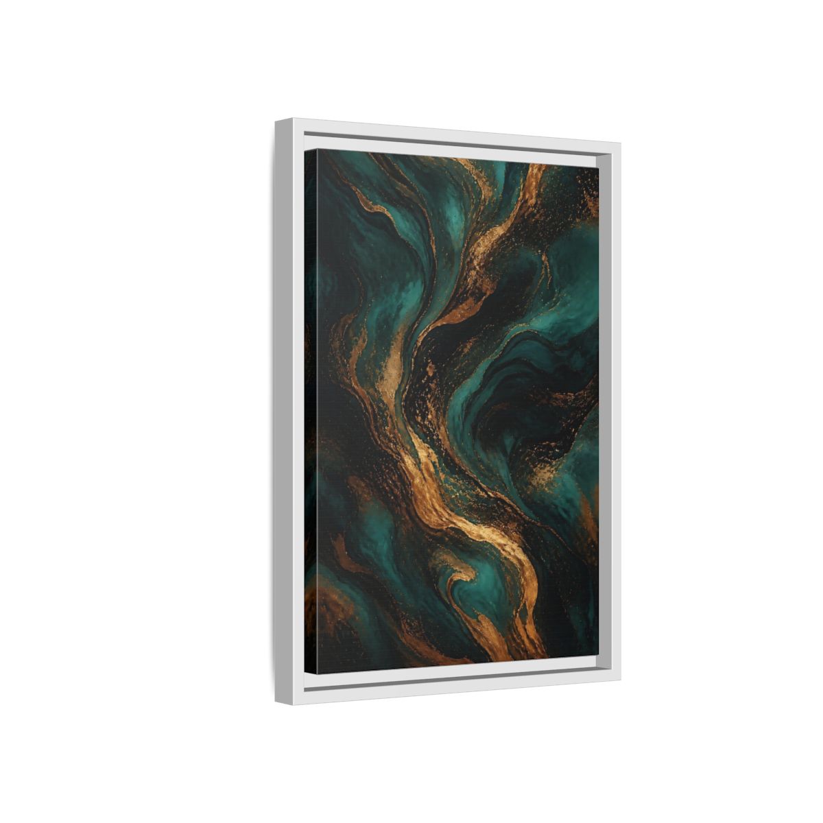 Side Mockup 4. Abstract Fluid Art Teal Gold Abstract shown as stretched canvas wall art