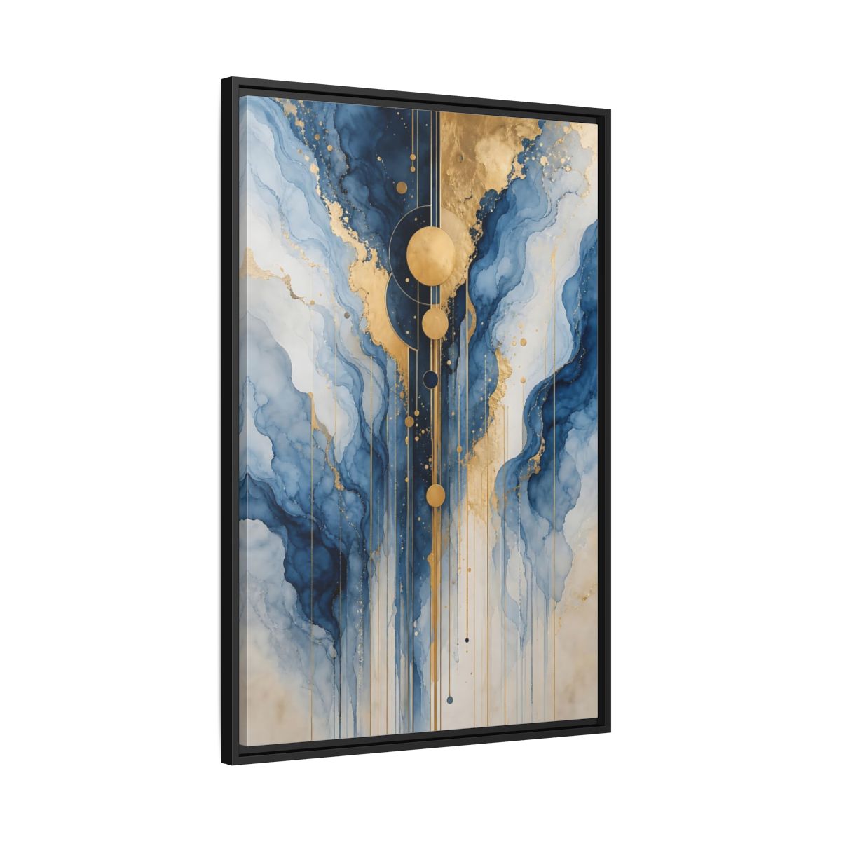 Side Mockup 13. Abstract Fluid Abstract Blue And Gold Abstract shown as stretched canvas wall art