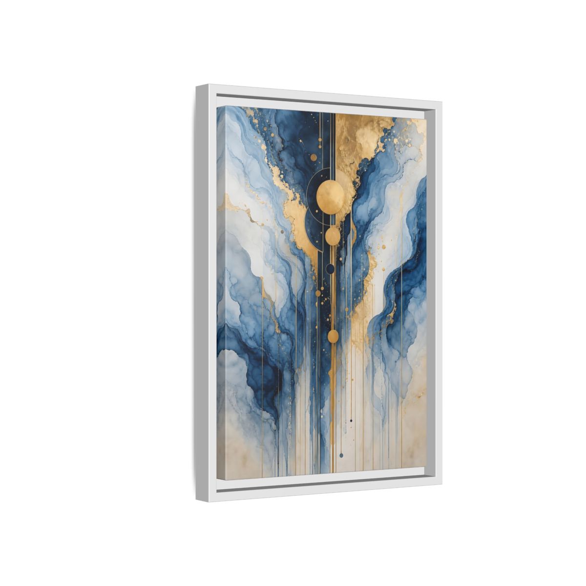Side Mockup 4. Abstract Fluid Abstract Blue And Gold Abstract shown as stretched canvas wall art